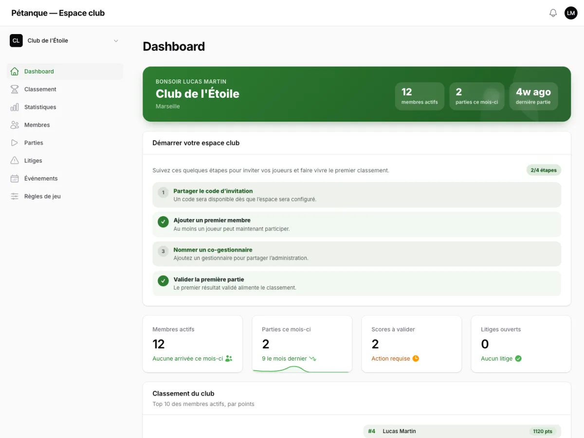 Tableau de bord en ligne d’un club fictif avec membres actifs et parties à valider