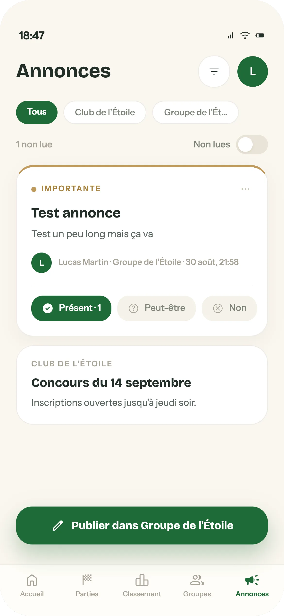 Annonces et actualités d’un groupe de pétanque