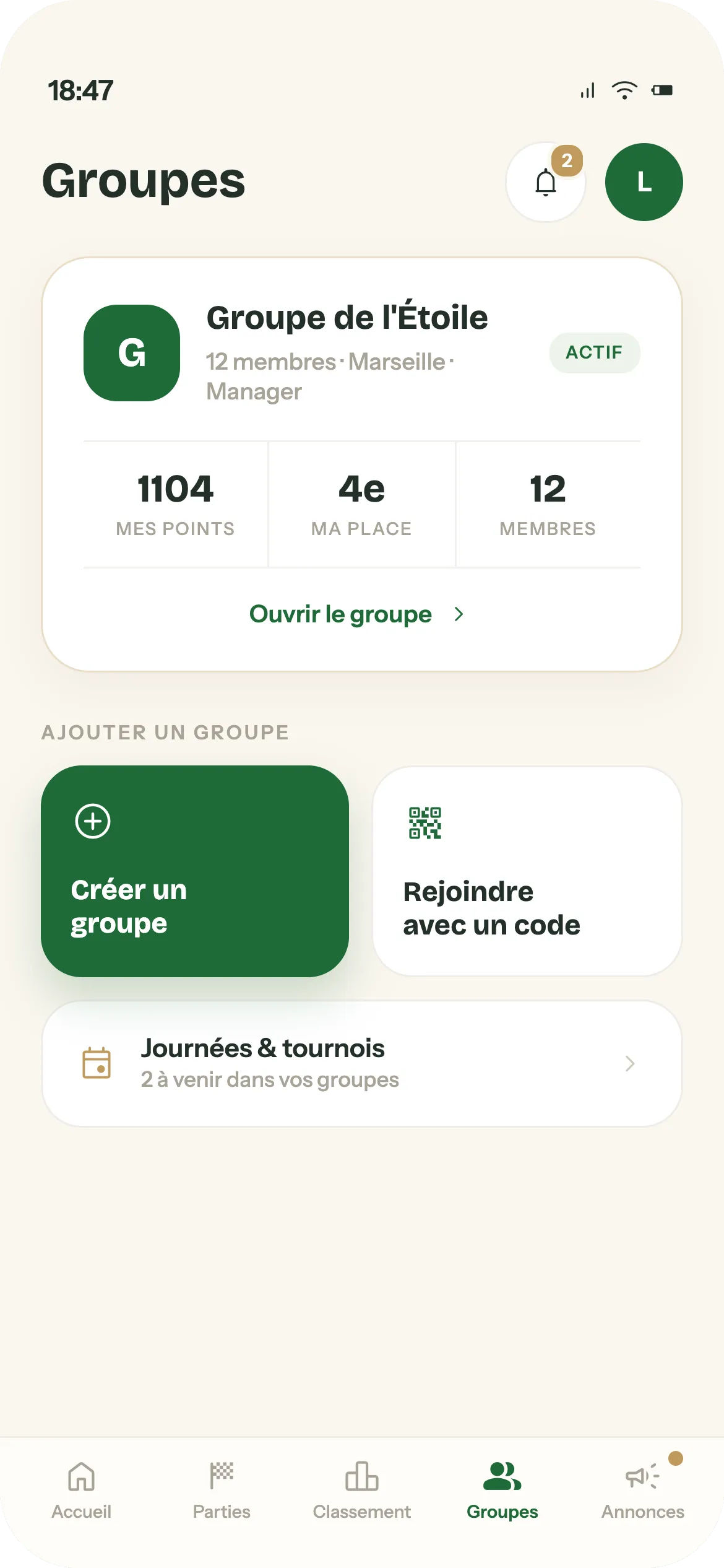 Liste des groupes de pétanque avec création et invitation par code