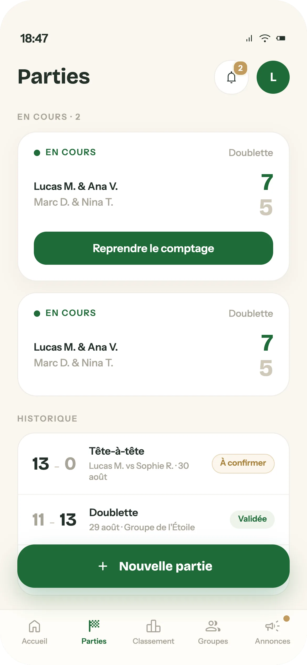 Liste des parties de pétanque avec scores en cours et résultats à confirmer