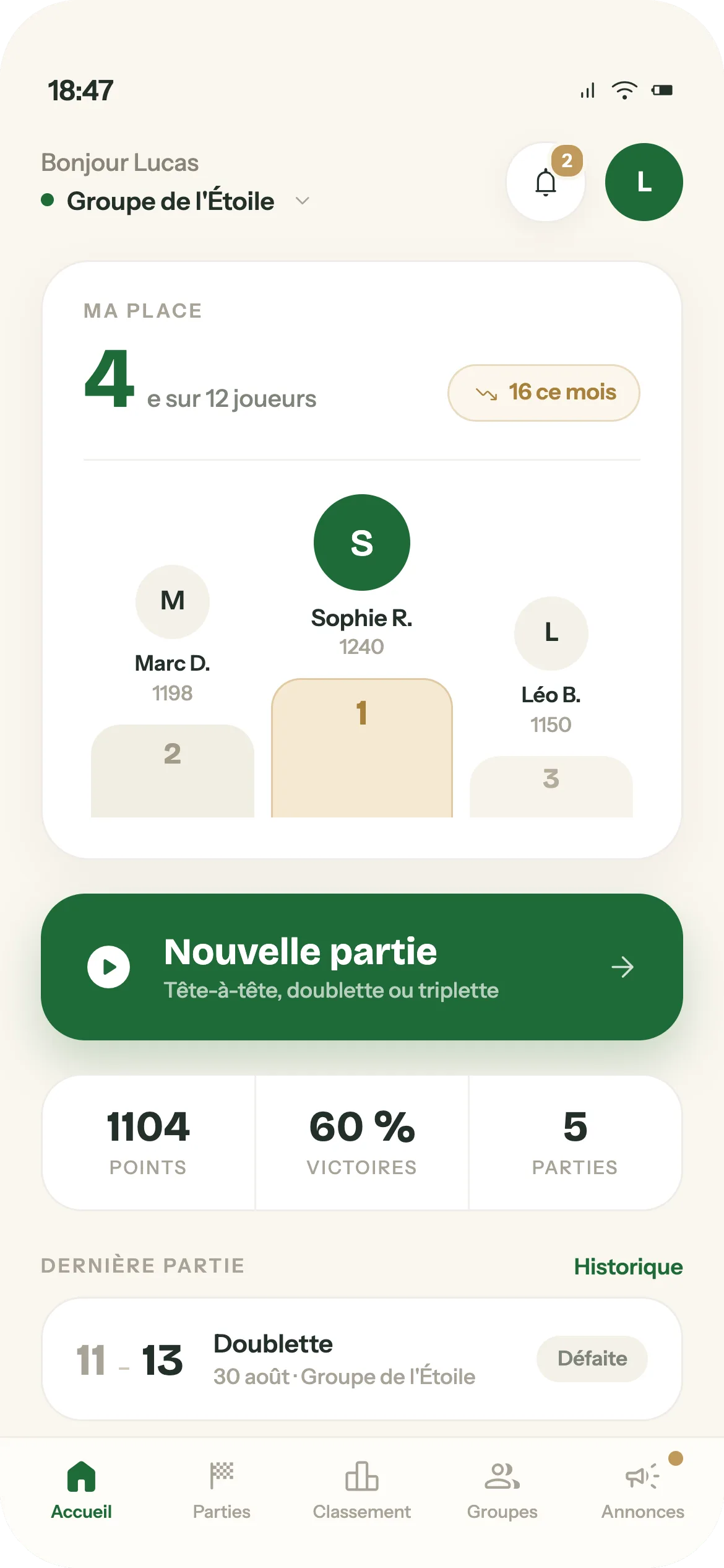 Accueil de l’application Pétanque avec le classement et les dernières parties